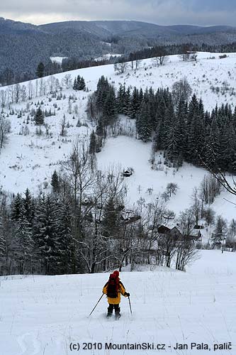 We took off skis next to buildings below us