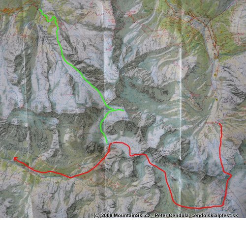 Mapa prechodu okolo Ortleru, červenou naša trasa, zelenou plánovaná pôvodná trasa