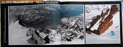 Strany 46–47 vulkán Viljučinskij, vlevo převýšení 2000 metrů do údolí řeky Paratunka, vpravo lyžař na začátku hlavního kuloáru