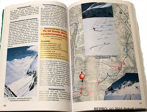 Dvoustránka 126–127 ze skialpinistického průvodce Schitour Plus – Piz Val Gronda 2812 m a Lareinfernerspitze 3009 m
