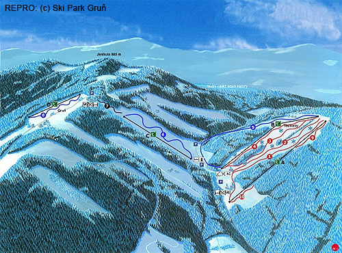 Scheme of the ski resort Ski Park Gruň, the best snow conditions were on red marked ski slope No. 4