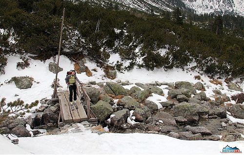 Cestou od zastávky Popradské pleso až nad Žabí plesa byly snad jen dvě místa, kde nebyly ideální sněhové podmínky na výstup na pásech - přes tento dřevěný most to na lyžích šlo