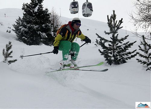 Skier: palič, hopsání v řídkem porostu, lokalita: Livigno - Mottolino